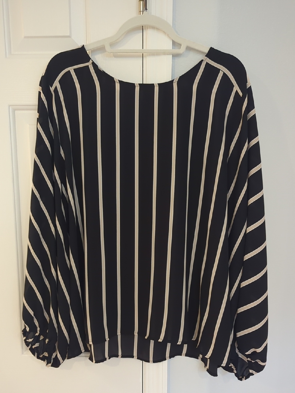 LOFT Black Blouse with Cream Vertical Stripes